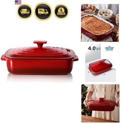 Large Ceramic Casserole Dish with Lid, 4.0 Quart Covered Rectangular Stonewar...