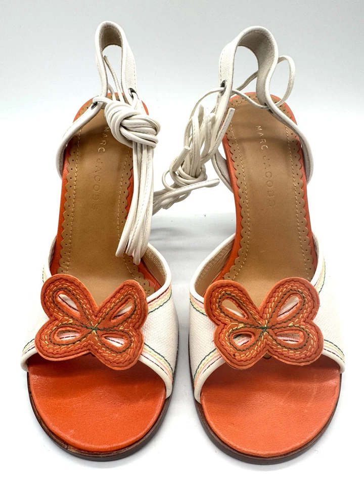 Marc Jacobs NIB Butterfly Heels 37.5 Italy Linen Orange Runway Vtg GIFT - Image 3 of 4