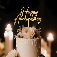 Party to Be Happy Anniversary Cake Topper Metallic Gold Wood Decoration