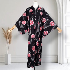 Vintage Jujygemm Cotton Kimono Robe 55in Length Black Floral Print
