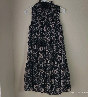 Taylor Dress Womens Sz XS Floral Sleeveless Mock Neck Smocked Chiffon Mini Black