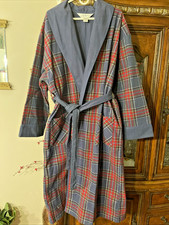 New Vermont Country Store Navy Plaid Cotton Flannel Robe Belted Shawl Collar szL