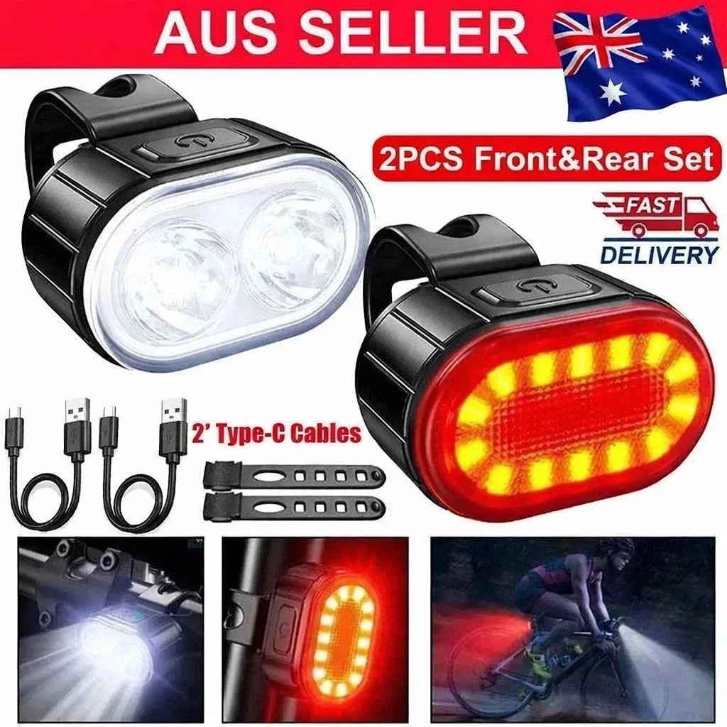 2x Mountain Bike Lights USB Rechargeable Bicycle LED Torch Front Rear + Lamp Set