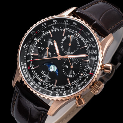Seagull Sugess ST1908 43mm Black Moon Phase Date Chronograph Sapphire Gold 1963