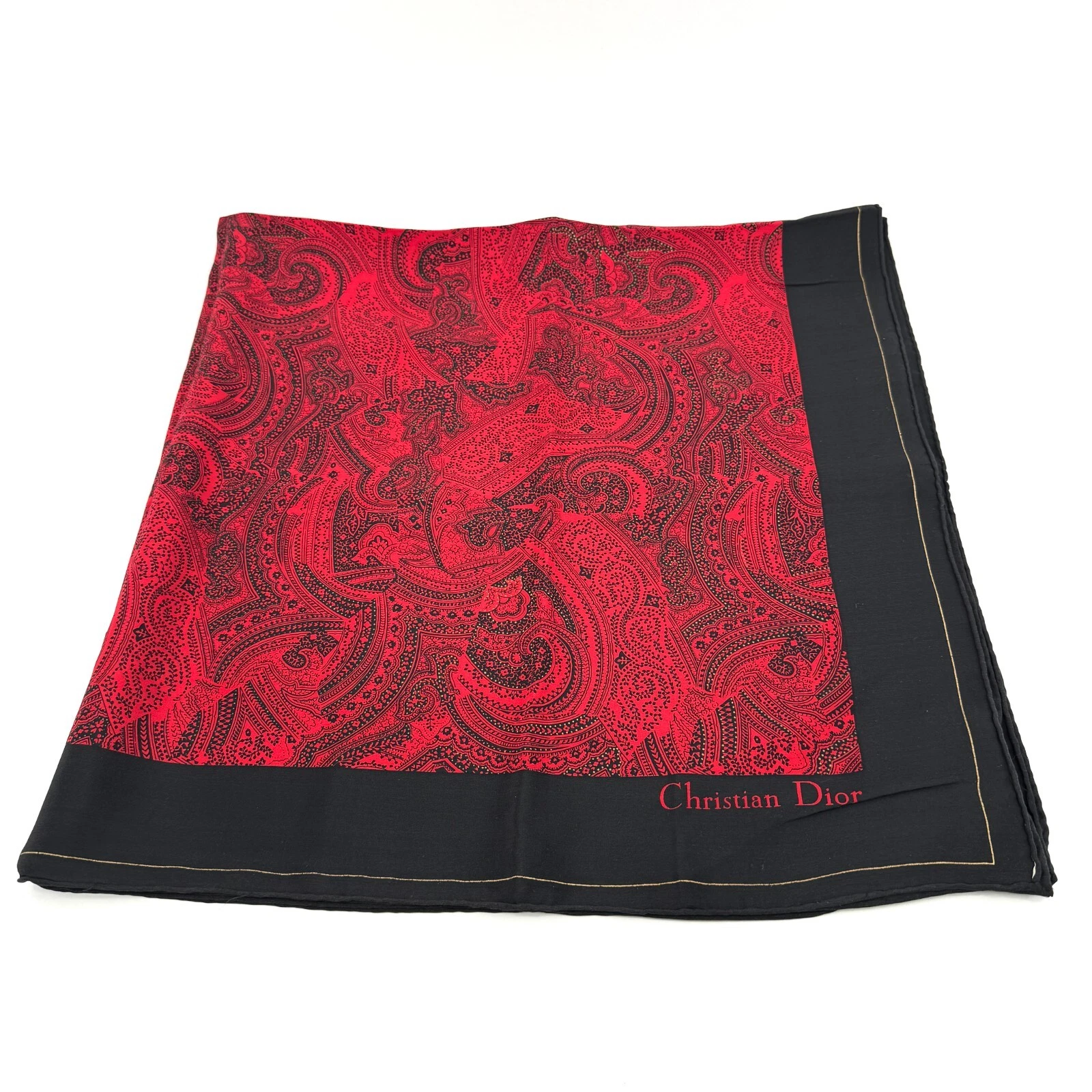 Foulard trotteur Dior soie 100% rouge noir 88 cm authentique 0576