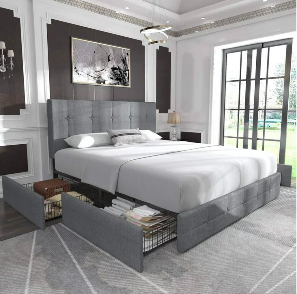 Allewie Light Grey Queen Platform Bed Frame with 4 Drawers Storage Square stitch
