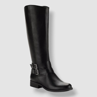 Style & Co Womens Black Smooth Maliaa Buckled Riding Boots, Shoe Size | 5.5M