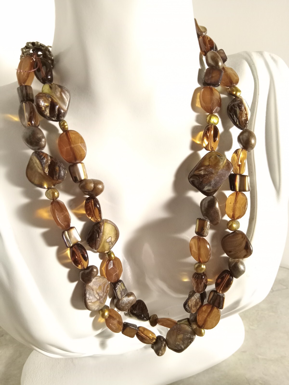 Brown Shell Bead Double Strand Necklace Dangling … - image 5
