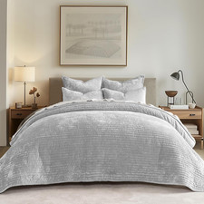 Velvet Quilt Set King Size, Luxurious Soft Striped Channel Bedding Set, Lightwei