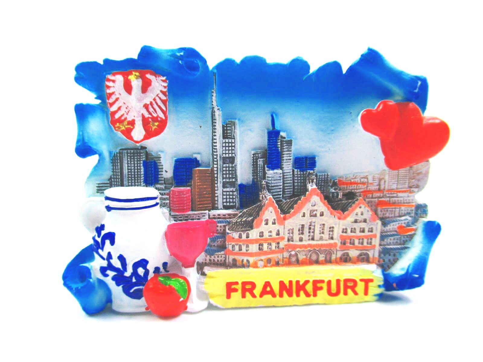Frankfurt magnet poly souvenir Germany Roman skyline Äppelwoi coat of arms heart