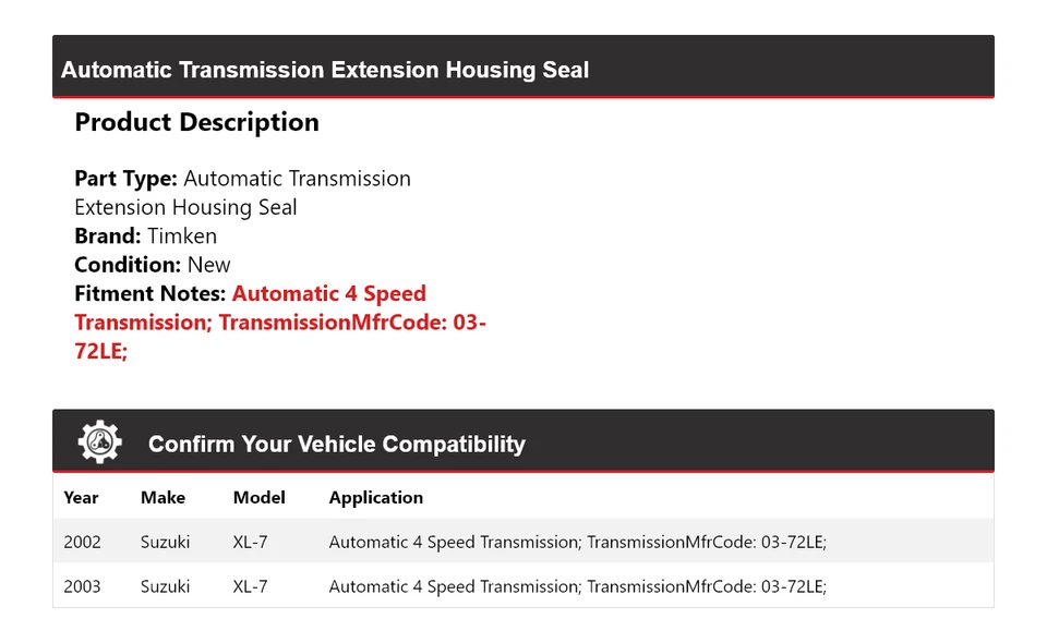 Para Suzuki XL-7 2002-2003 Transmisión Automática Extensión Carcasa Sello Timken Foto 2 de 4