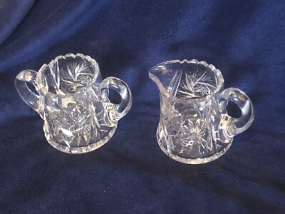 VINTAGE HEAVY CRYSTAL CUT GLASS CREAM SUGAR SET *see Flaw- B