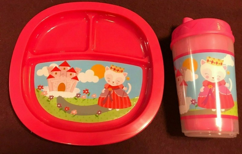Child's Divided Plate  and Learner Sippy Cup ~ Kids 2 pc set ~ Pink Kitty