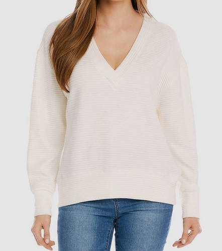Pull Col V En Lin Et Coton Tweeds - Taille S - Couleur Beige Pierre - Manches Longues Côtelées