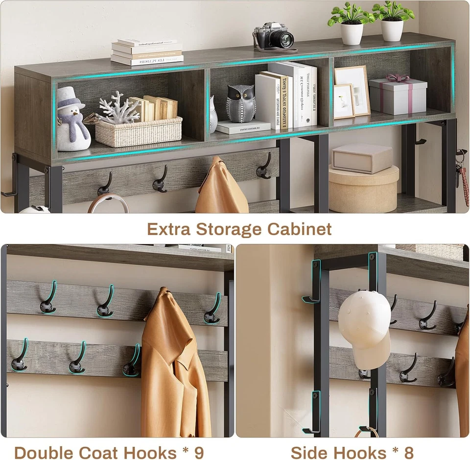 Banco de árbol de pasillo 7 en 1 con perchero 3 estantes para cubbitos 17 ganchos cajones de tela Foto 4 de 4