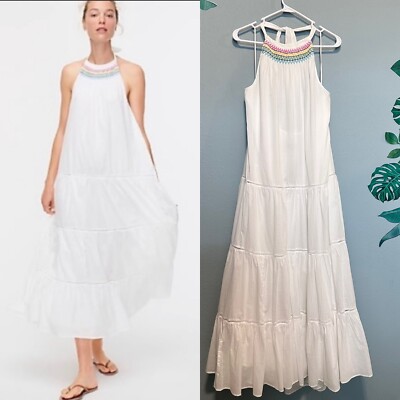 J.Crew Woman White Tiered Halter Rainbow Embroidery Maxi Beach Dress Size  XL NWT | eBay