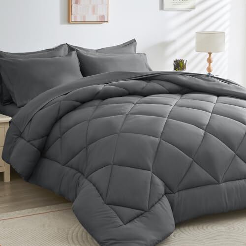 Comforter Set 7 Pieces, All Season Reversible Bed in a Bag Queen Dark Gray-image
