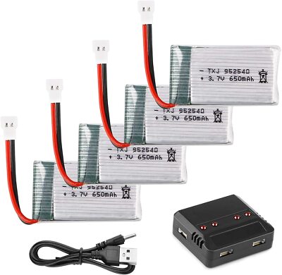 4 Stück 3.7V 650mAh 1S Akku Lipo Akku mit USB Ladegerät Ladegerät für RC Syma X5