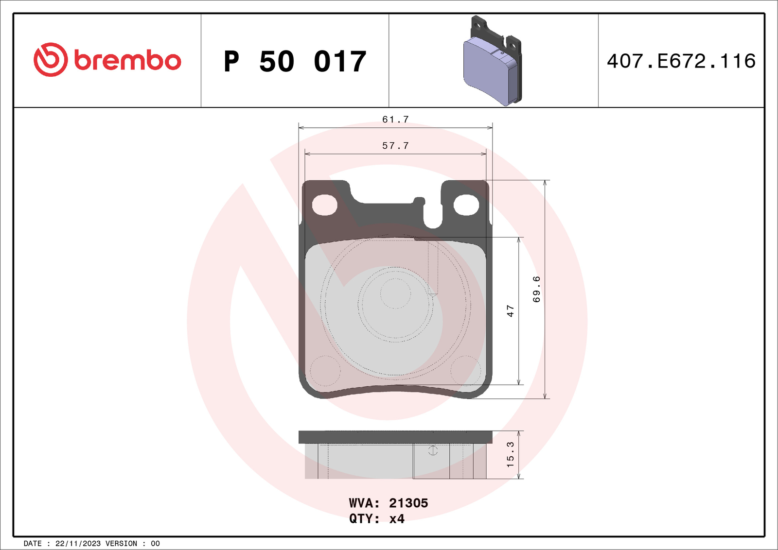 P 50 017 BREMBO Brake Pad Set, disc brake for CHRYSLER,MERCEDES-BENZ