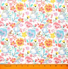 Alice in Wonderland Fabric - HALF YARD 100 Cotton Sewing Rainbow White Flowers
