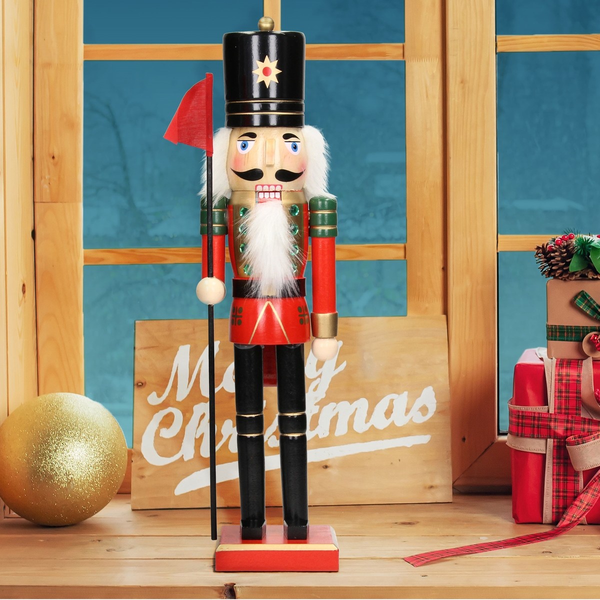 Cascanueces Navideño De Madera - Figura De Soldado Decorativo, 38cm, Colores Vibrantes, Base Estable Para Decoración De Navidad