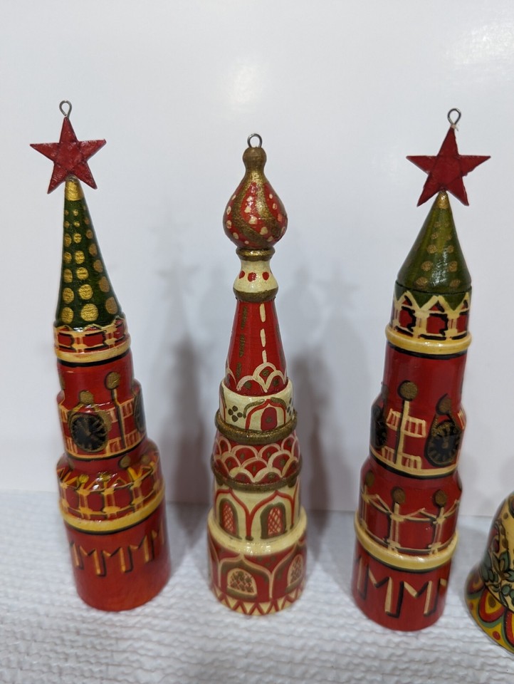 Vintage Russian Ornaments Lot 6 Hand Painted Folk Art Wood Christmas