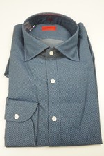 Isaia Napoli Sapphire Blue Polkadot Long Sleeve Cotton Dress Shirt 15.5/39 NEW