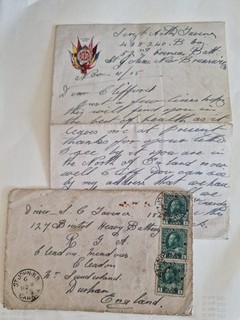 WW1 British Canada Soldier Letter 1915 to brother / envelope Arthur Tavener