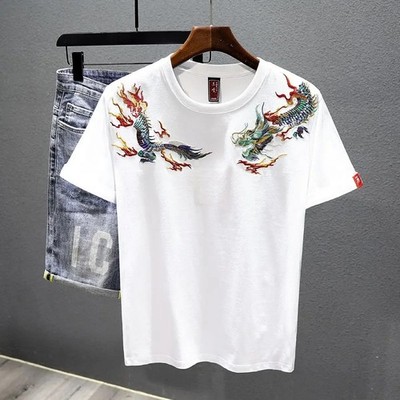 Men's Dragon Embroidered T-Shirt Casual Short Sleeve Summer Ethnic Style Top