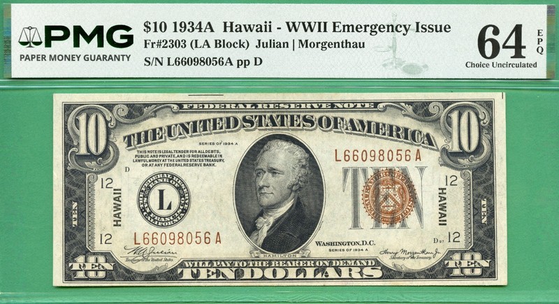 1934A HAWAII $10 FRN - PMG CU 64 EPQ - Fr 2303 LA block - 1934 A  $10 HAWAII