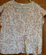 Time and Tru Button Up XXL Coral Peony Flutter Sleeve Double Tie Peplum Waist