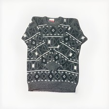 90s  Vintage Black & White Dimond Guy Frazer Pattern Knit Winter Jumper Men's L