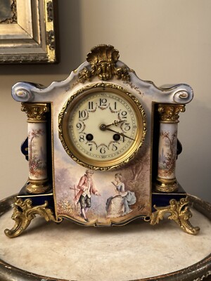Antique 19c Exceptional SEVRES Style Porcelain Mantle Clock Signed PETIT
