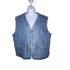 Vintage 80s Denim Vest Pockets Womens Size L Blue Zip Front