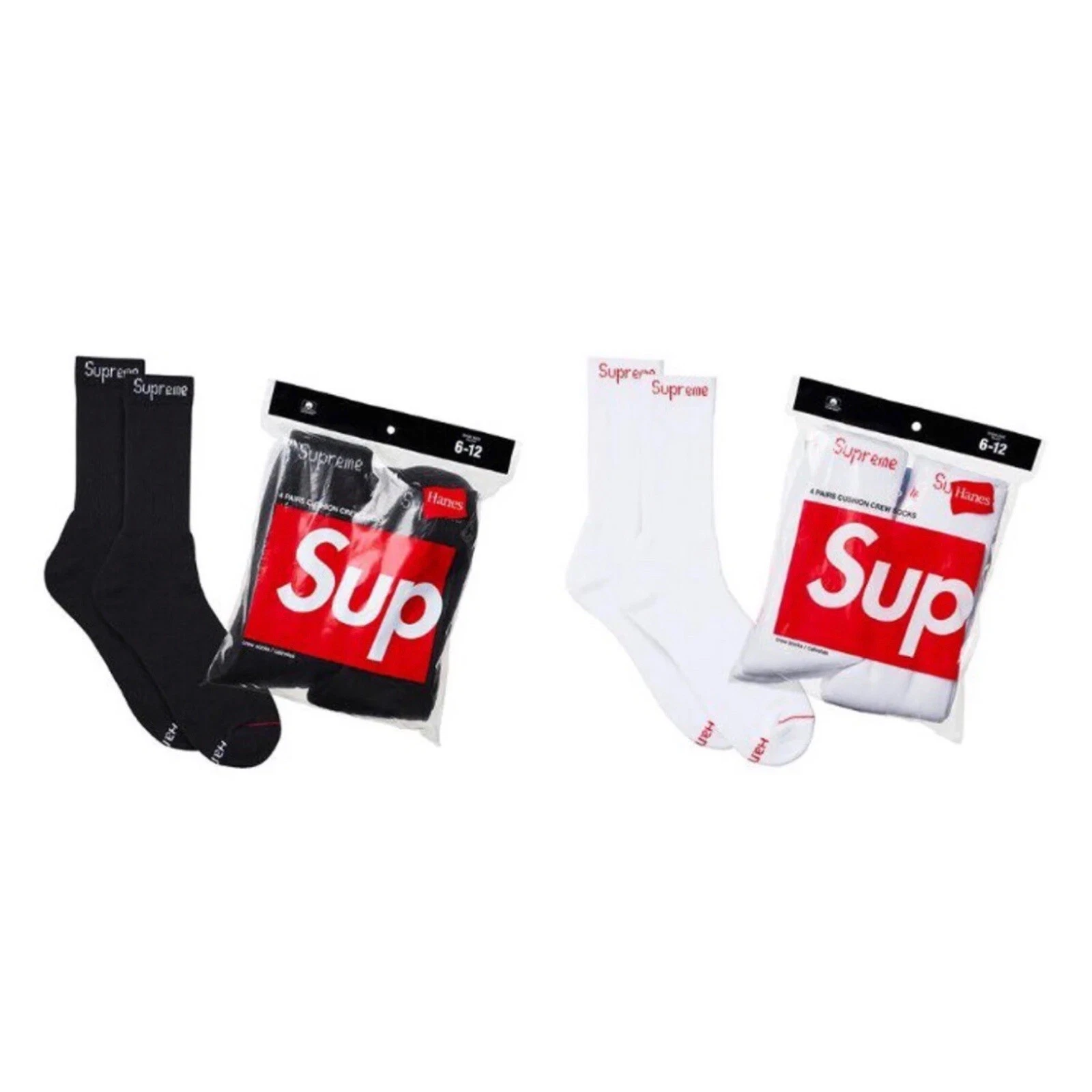 Chaussettes Supreme X Hanes Crew   Noir/Blanc, Lot de 4, Taille 6 12