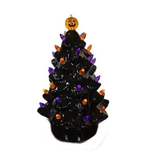 Halloween Black Pumpkin Tree 11” Ceramic Battery Operated Light Up Tabletop Deco