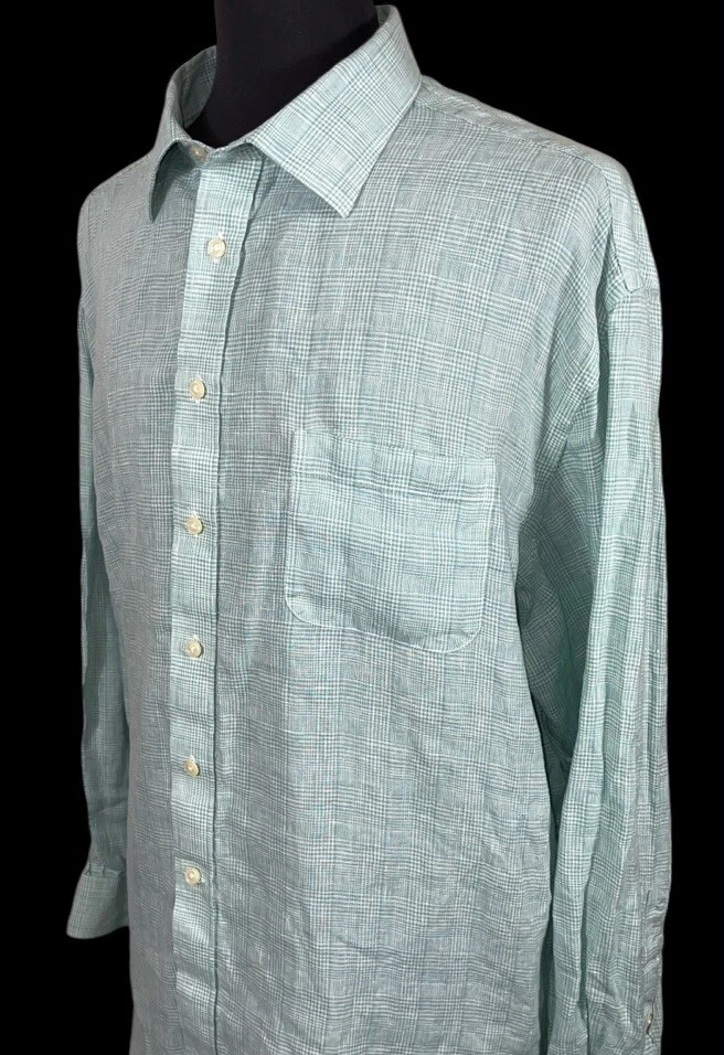 SUMMER READY JOS A BANK RESERVE 100% LINEN GLEN PLAID BUTTON FRONT SHIRT SZ XXL