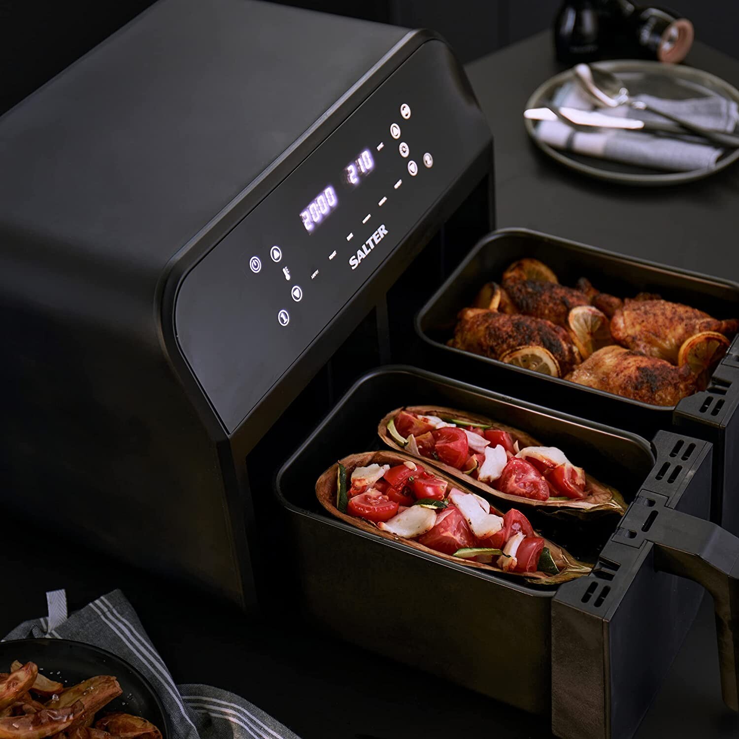 Salter EK4750BLK Dual Air Fryer, Larger Double Drawer Non Stick Air