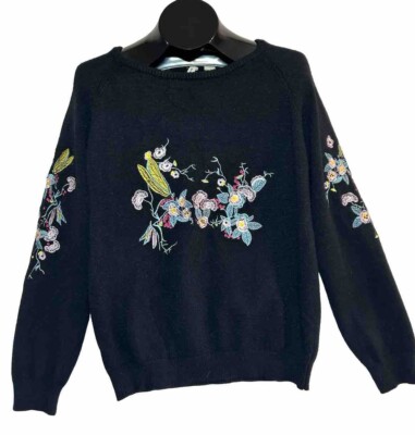 Anthropologie Moth Embroidered Sweater Medium Black Floral Boho