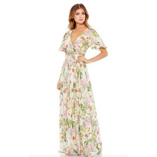 Mac Duggal 9079 Floral Print Faux Wrap flutter Sleeve A Line Gown Size 4