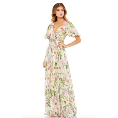 Mac Duggal 9079 Floral Print Faux Wrap flutter Sleeve A Line Gown Size 4