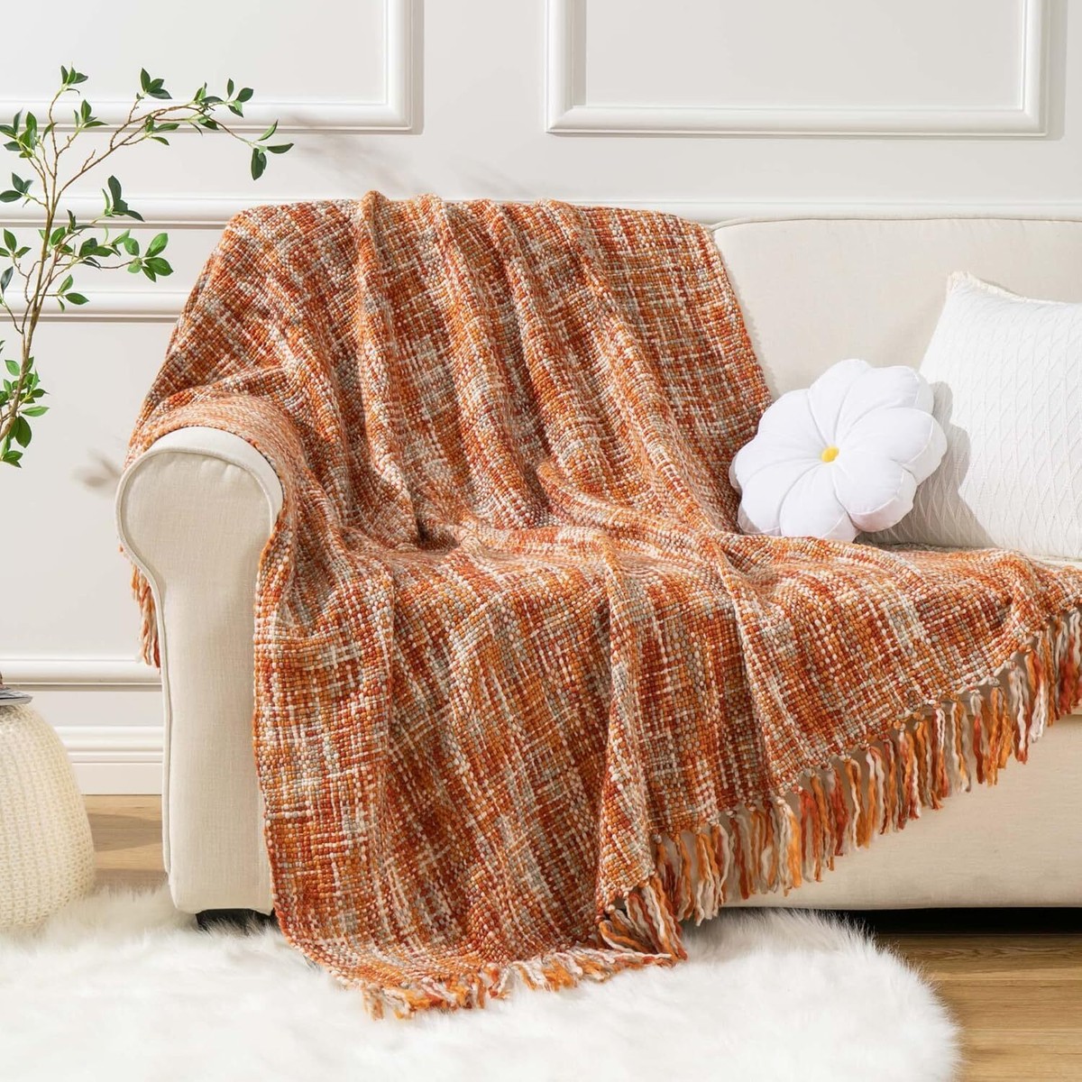 BATTILO HOME Burnt Orange Throw Bohemian Knitted Blanket with