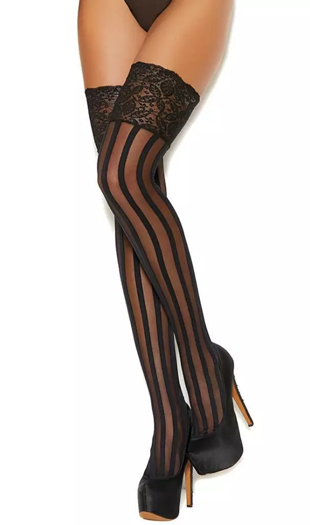 Vertical Striped Thigh Highs Stockings Wide Lace Top Costume Hosiery Black  12035