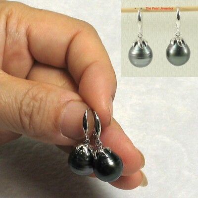 Embed Diamonds & Tahitian Pearl Dangle Earrings   14k White Gold