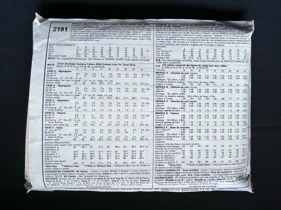 McCall's 2191 Misses Nightgown/Nightshirt/Pajamas/Robe 1985 Pattern 8-10-12 Cut - Image 2 of 3