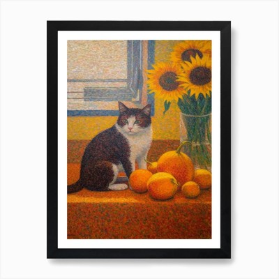 Sonnenblume mit Katze 4 Pointillismus gerahmtes Wandbild Poster Leinwanddruck Bild