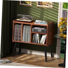 Record Player Table, Mid-Century Record Player Stand with Vinyl Storage Brown