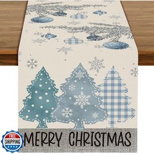 72 x 13 Inch Christmas Table Runner   Blue Plaid and Snowflake Ch