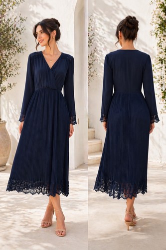 Liquorish Navy Blue Pleated Maxi Dress Lace Trim V-Neck Long Sleeve NWT Size 10