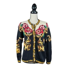 Vintage 80’s The Eagle’s Eye Handknit Floral Tassel Cardigan Sweater Womens Med
